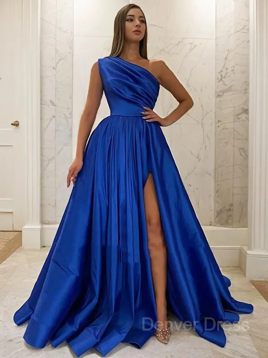 A-Line One-Shoulder Sweep Train Satin Prom Dresses With Leg Slit