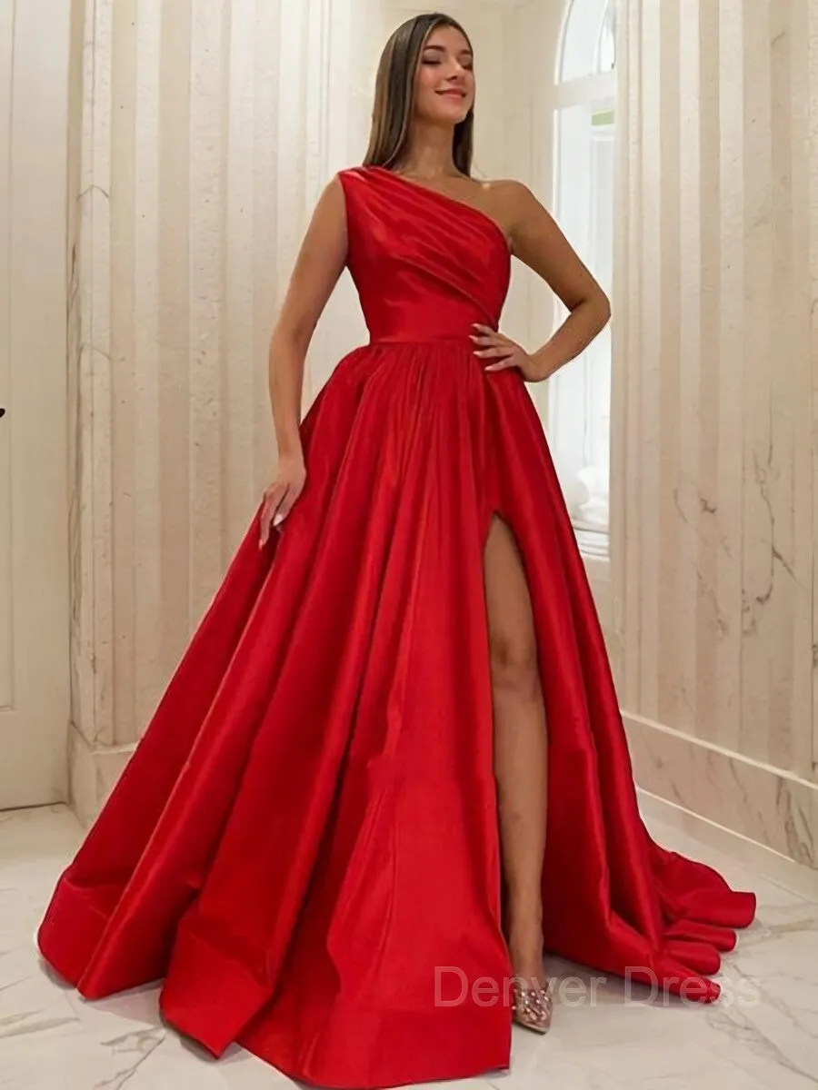 A-Line One-Shoulder Sweep Train Satin Prom Dresses With Leg Slit