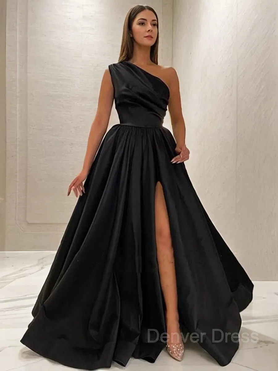 A-Line One-Shoulder Sweep Train Satin Prom Dresses With Leg Slit