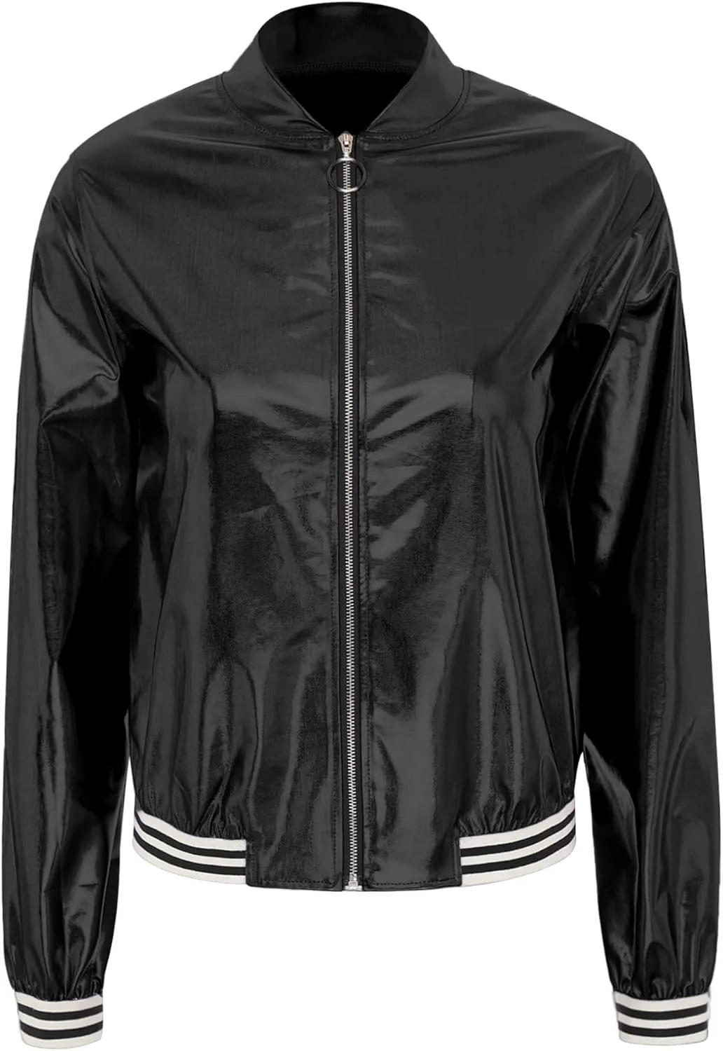 ACSUSS Women's Holographic Jacket Long Sleeve Zipper Shiny Sparkly Bomber Jackets Outerwear