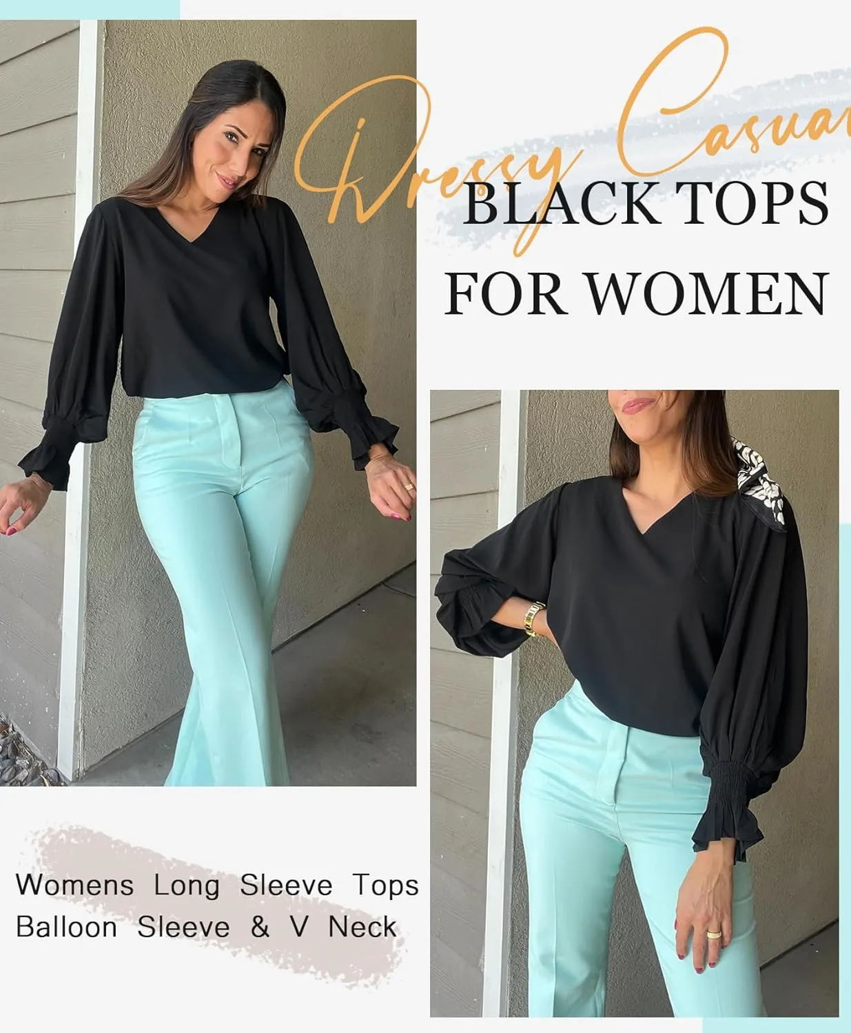 Aifer Womens Blouses Dressy Casual Tops V Neck Ruffle Balloon Long Sleeve Shirts Elegant Business Casual Outifts