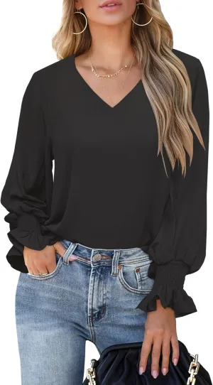 Aifer Womens Blouses Dressy Casual Tops V Neck Ruffle Balloon Long Sleeve Shirts Elegant Business Casual Outifts