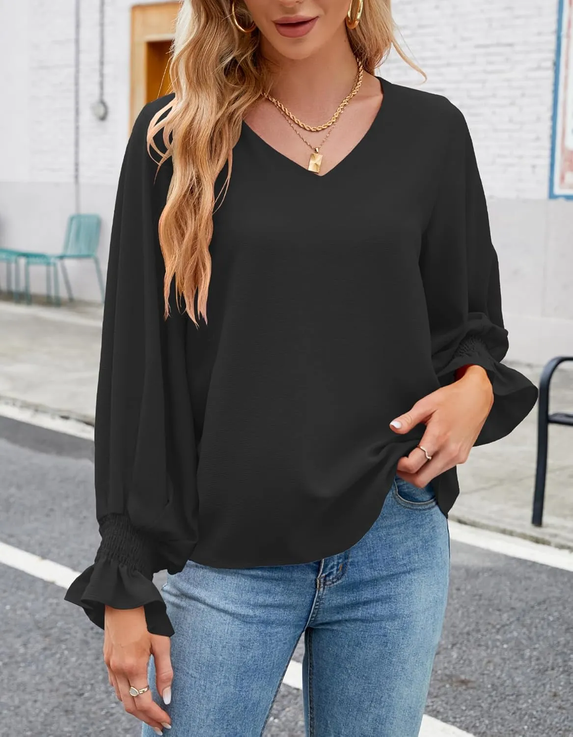 Aifer Womens Blouses Dressy Casual Tops V Neck Ruffle Balloon Long Sleeve Shirts Elegant Business Casual Outifts