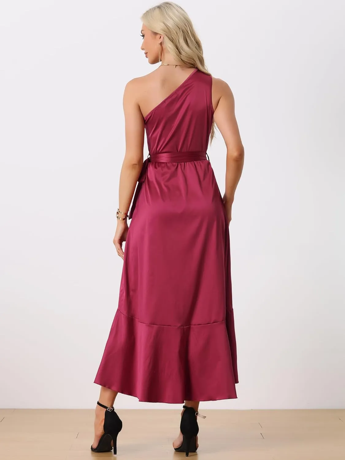 Allegra K Women's Satin Dresses Split High Low Belted Ruffle Cocktail One Shoulder Dress