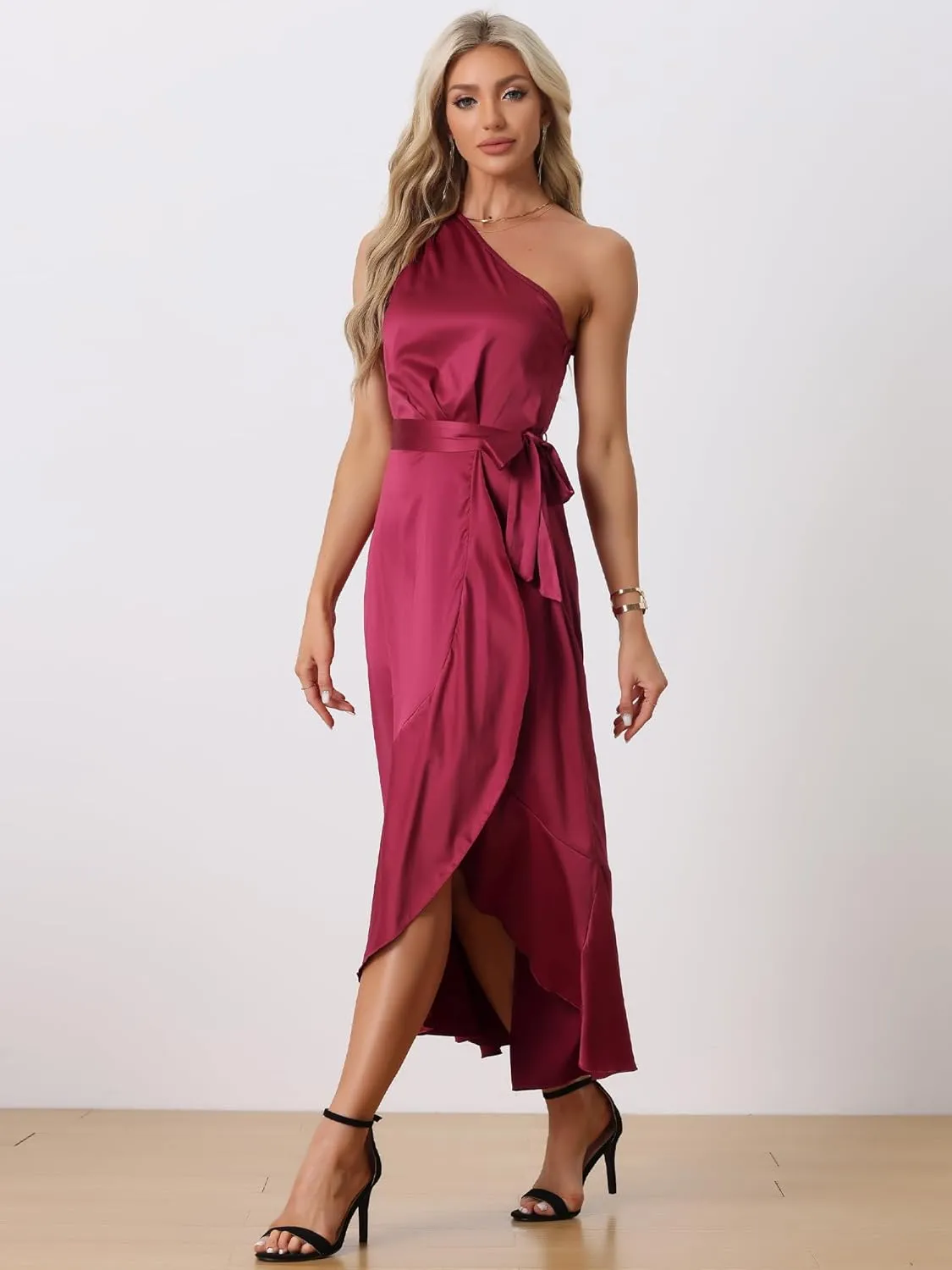 Allegra K Women's Satin Dresses Split High Low Belted Ruffle Cocktail One Shoulder Dress