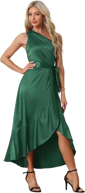 Allegra K Women's Satin Dresses Split High Low Belted Ruffle Cocktail One Shoulder Dress