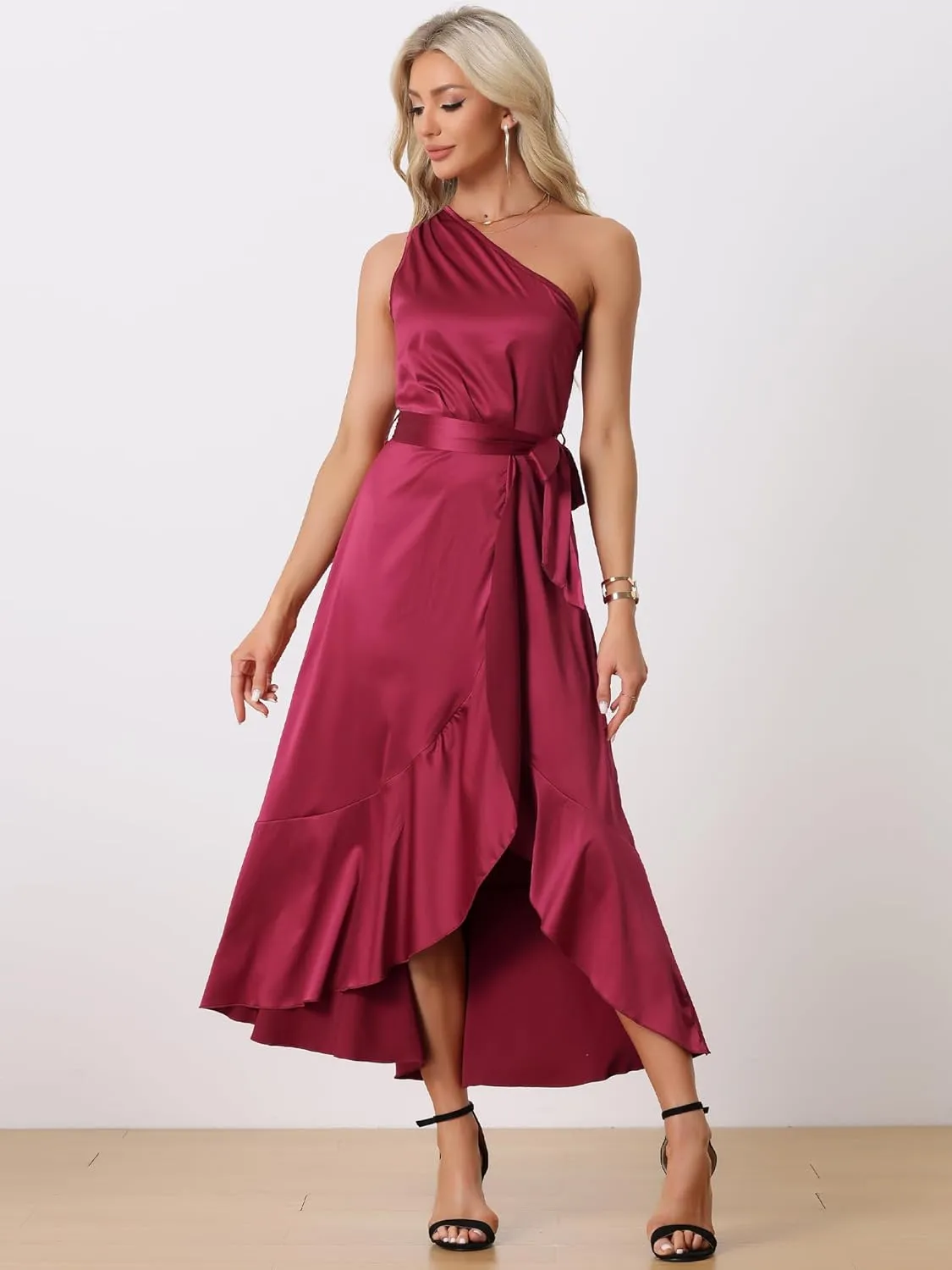 Allegra K Women's Satin Dresses Split High Low Belted Ruffle Cocktail One Shoulder Dress