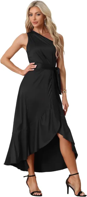 Allegra K Women's Satin Dresses Split High Low Belted Ruffle Cocktail One Shoulder Dress