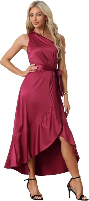 Allegra K Women's Satin Dresses Split High Low Belted Ruffle Cocktail One Shoulder Dress