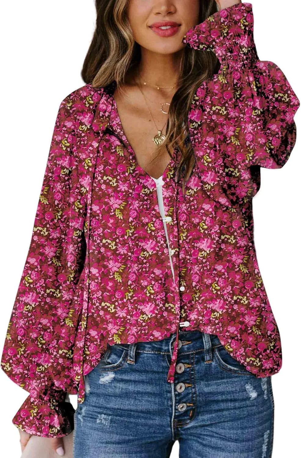 Biucly Women's Casual Boho Floral Print V Neck Long Sleeve Drawstring Tops Loose Blouses Button Down Shirts