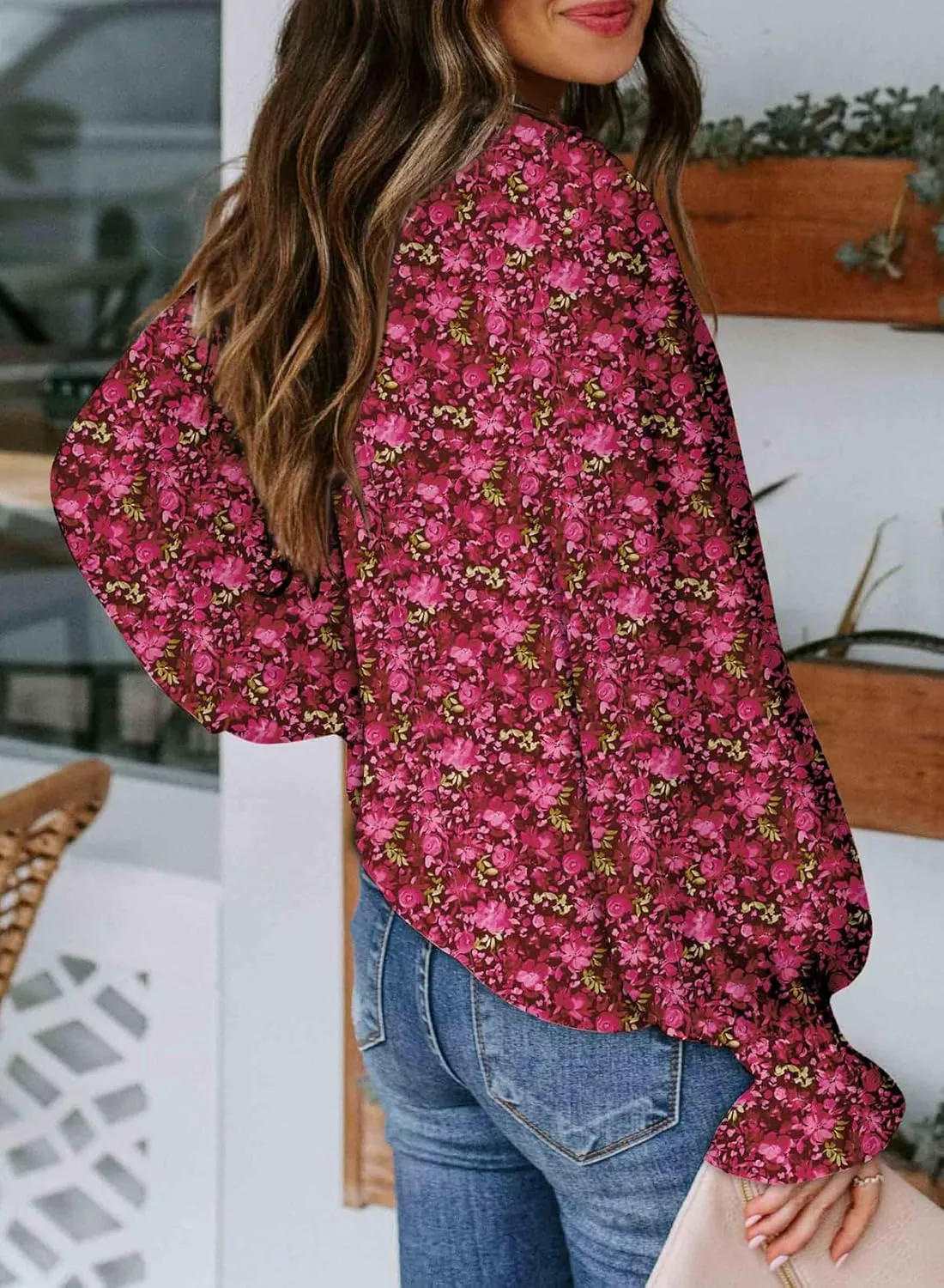Biucly Women's Casual Boho Floral Print V Neck Long Sleeve Drawstring Tops Loose Blouses Button Down Shirts