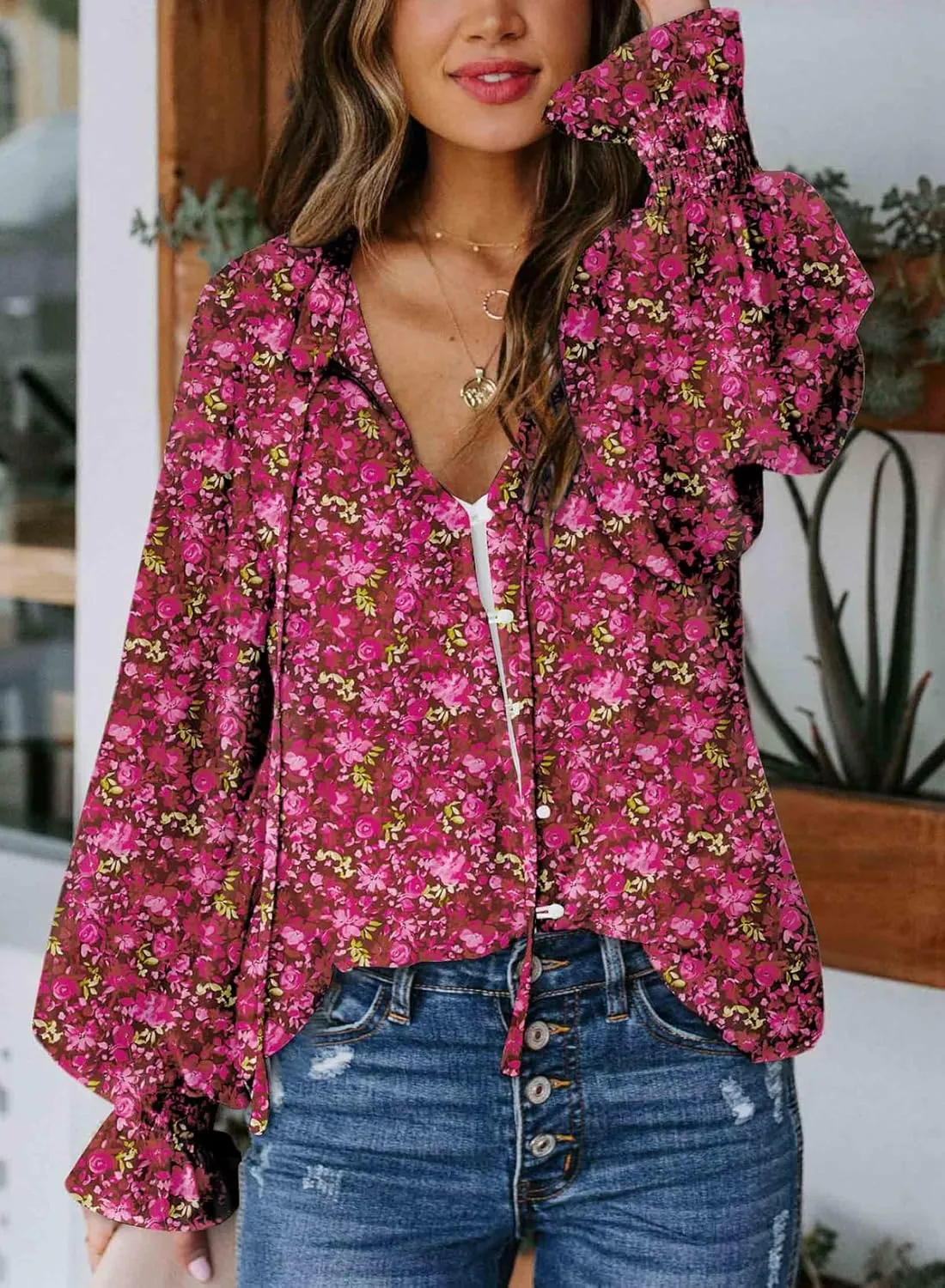 Biucly Women's Casual Boho Floral Print V Neck Long Sleeve Drawstring Tops Loose Blouses Button Down Shirts