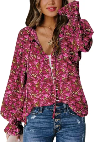Biucly Women's Casual Boho Floral Print V Neck Long Sleeve Drawstring Tops Loose Blouses Button Down Shirts