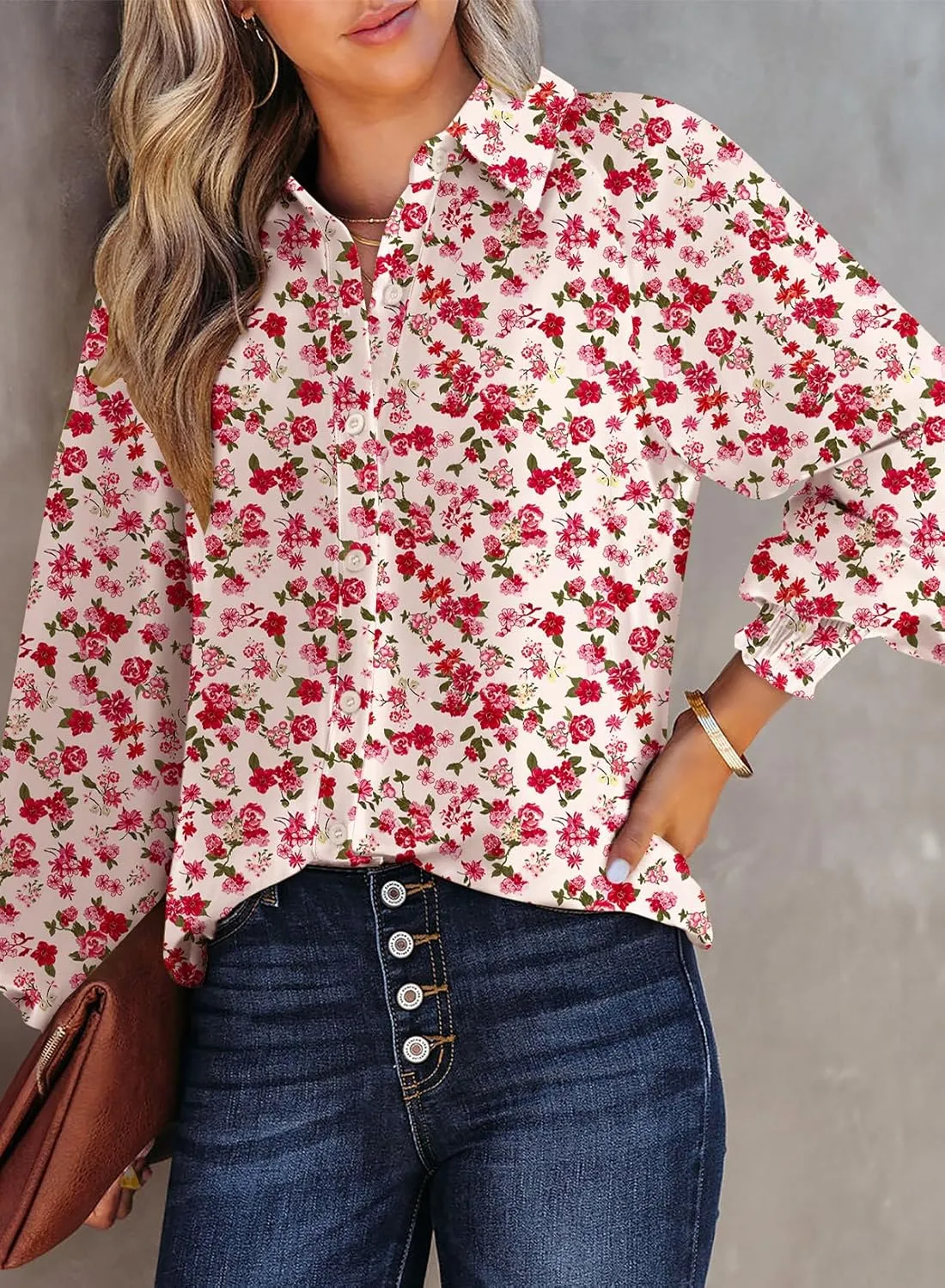 Dokotoo Women's Casual V Neck Allover Floral Print Long Sleeve Chiffon Button Down Blouses Bohemian Top Shirts