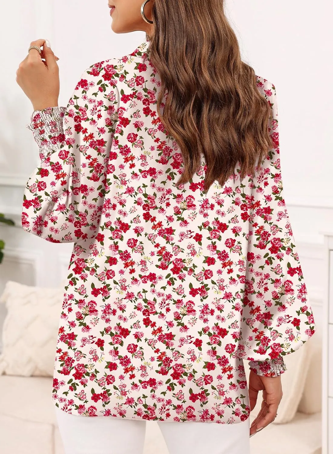 Dokotoo Women's Casual V Neck Allover Floral Print Long Sleeve Chiffon Button Down Blouses Bohemian Top Shirts