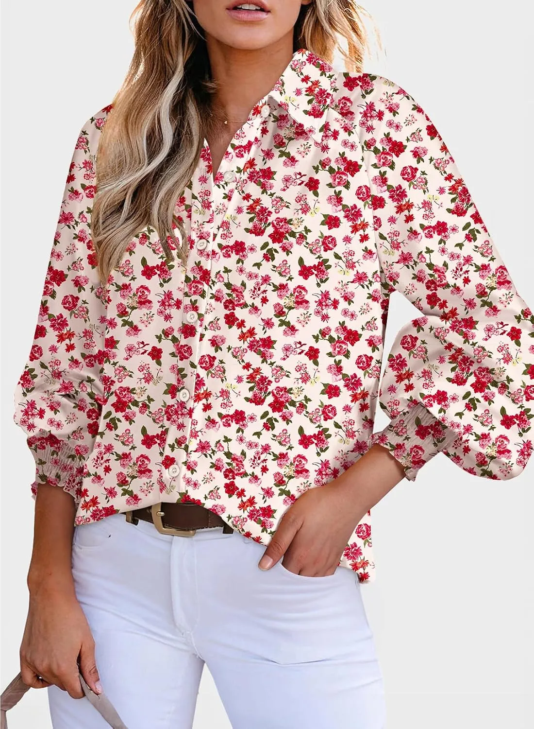 Dokotoo Women's Casual V Neck Allover Floral Print Long Sleeve Chiffon Button Down Blouses Bohemian Top Shirts