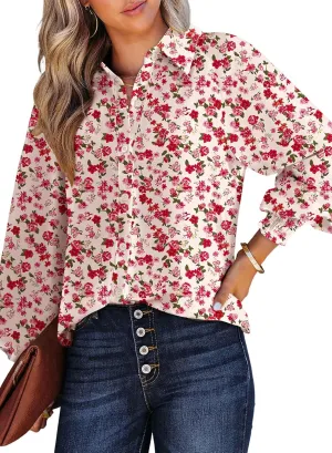 Dokotoo Women's Casual V Neck Allover Floral Print Long Sleeve Chiffon Button Down Blouses Bohemian Top Shirts