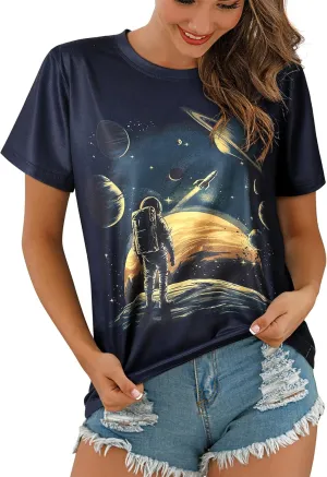 Ezcosplay Women Short Sleeve Space Shuttle Astronaut Universe Galaxy T-Shirt Graphic Shirt Casual Tee Tops