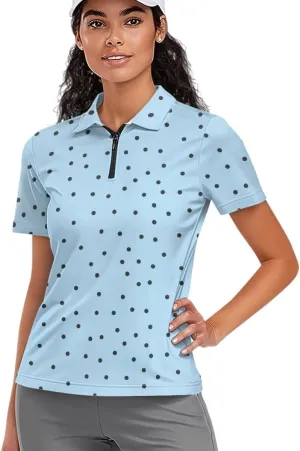 GLUDEAR Womens Polka Dots Golf Shirts Short Sleeve Sun Protection Golf Shirts Quick Dry Zipper Collared Polos