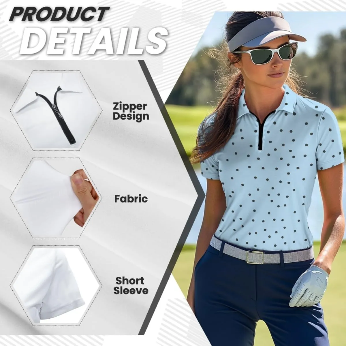 GLUDEAR Womens Polka Dots Golf Shirts Short Sleeve Sun Protection Golf Shirts Quick Dry Zipper Collared Polos