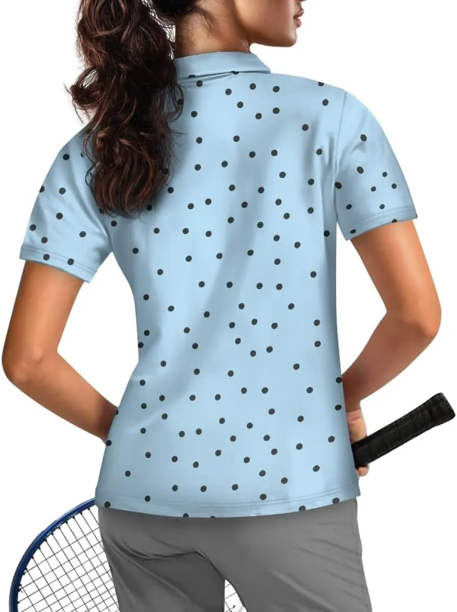 GLUDEAR Womens Polka Dots Golf Shirts Short Sleeve Sun Protection Golf Shirts Quick Dry Zipper Collared Polos