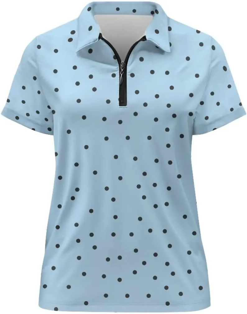 GLUDEAR Womens Polka Dots Golf Shirts Short Sleeve Sun Protection Golf Shirts Quick Dry Zipper Collared Polos