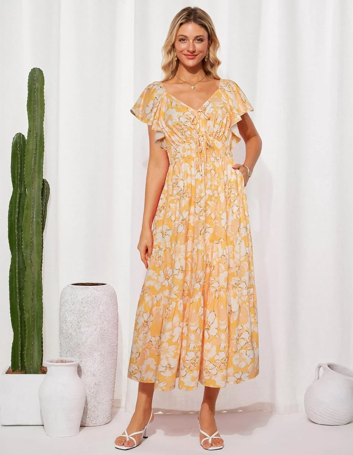 GRACE KARIN Womens 2025 Floral Summer V-Neck Ruffle Sleeve Empire Waist A-Line Casual Maxi Tiered Dress with Pockets