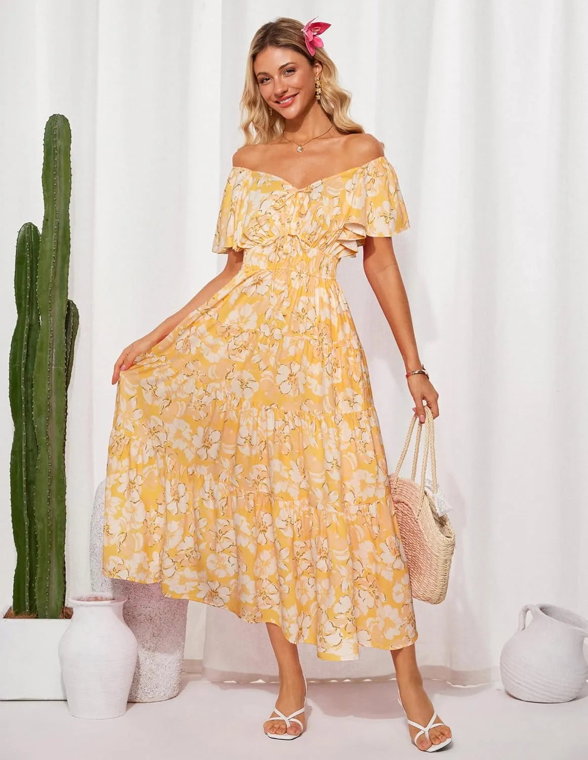 GRACE KARIN Womens 2025 Floral Summer V-Neck Ruffle Sleeve Empire Waist A-Line Casual Maxi Tiered Dress with Pockets