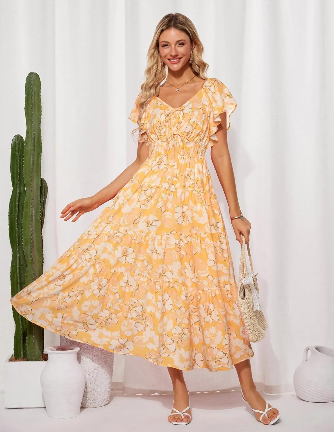 GRACE KARIN Womens 2025 Floral Summer V-Neck Ruffle Sleeve Empire Waist A-Line Casual Maxi Tiered Dress with Pockets