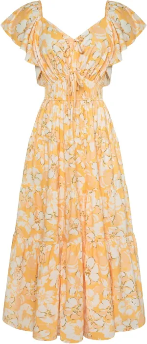 GRACE KARIN Womens 2025 Floral Summer V-Neck Ruffle Sleeve Empire Waist A-Line Casual Maxi Tiered Dress with Pockets