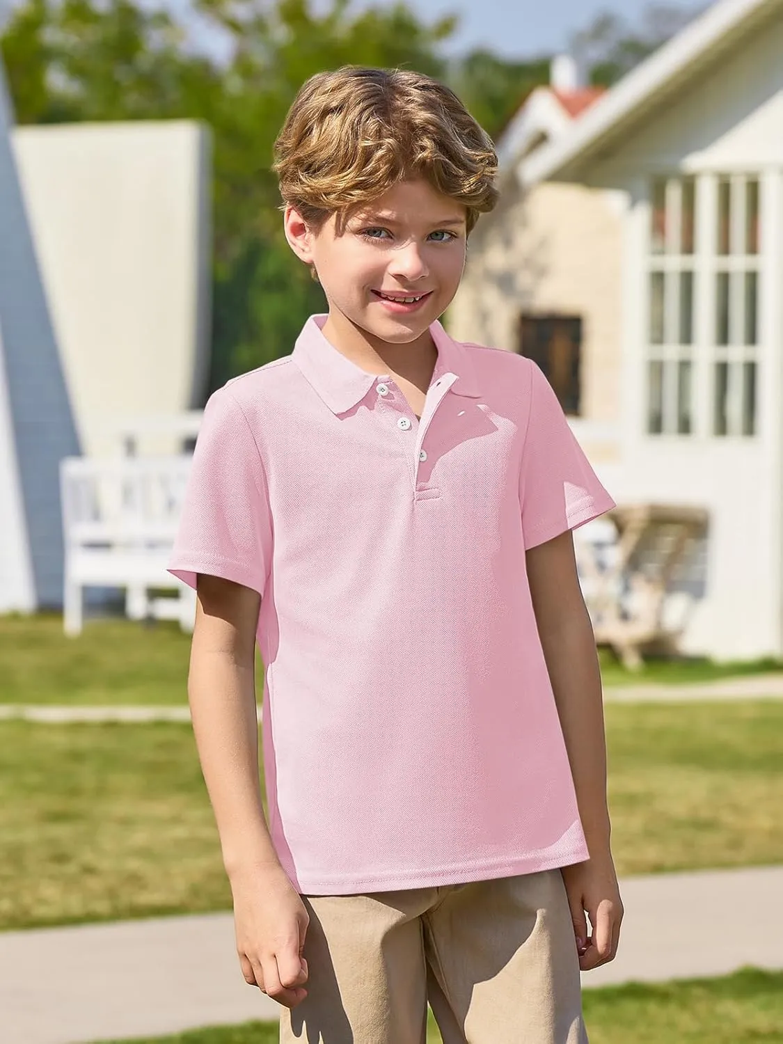 Haloumoning Boys Short Sleeve Polo Shirt Kids Collared School Uniform Shirts 5-14 Years