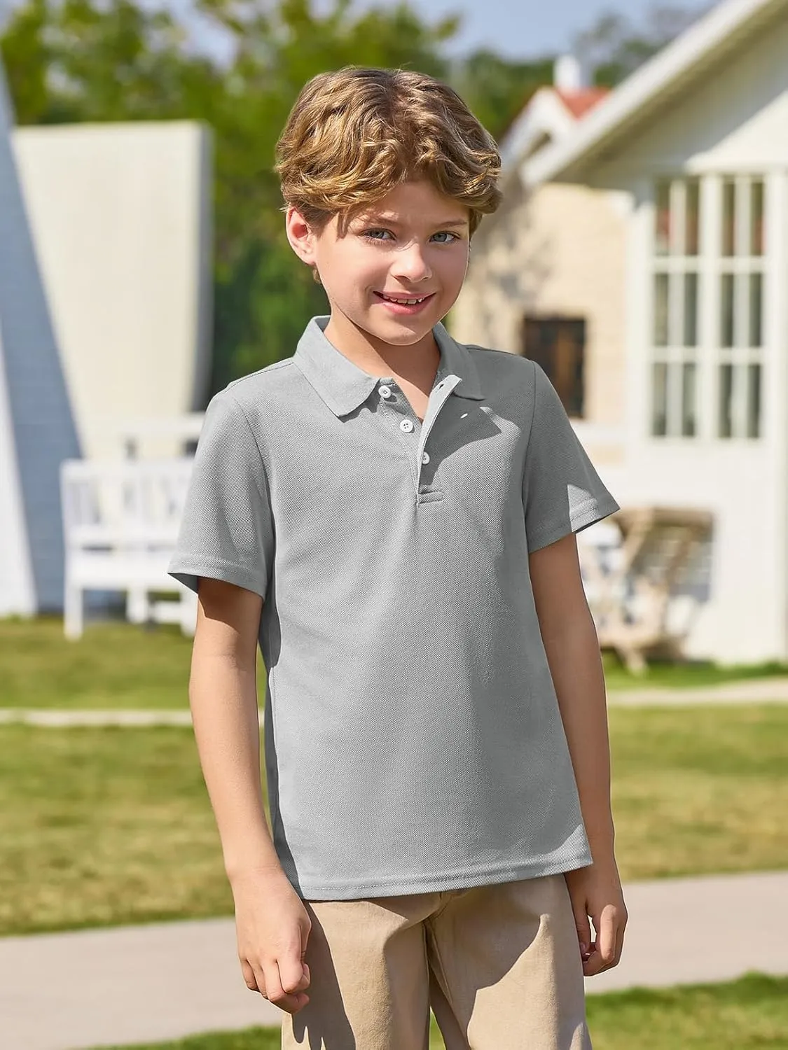 Haloumoning Boys Short Sleeve Polo Shirt Kids Collared School Uniform Shirts 5-14 Years