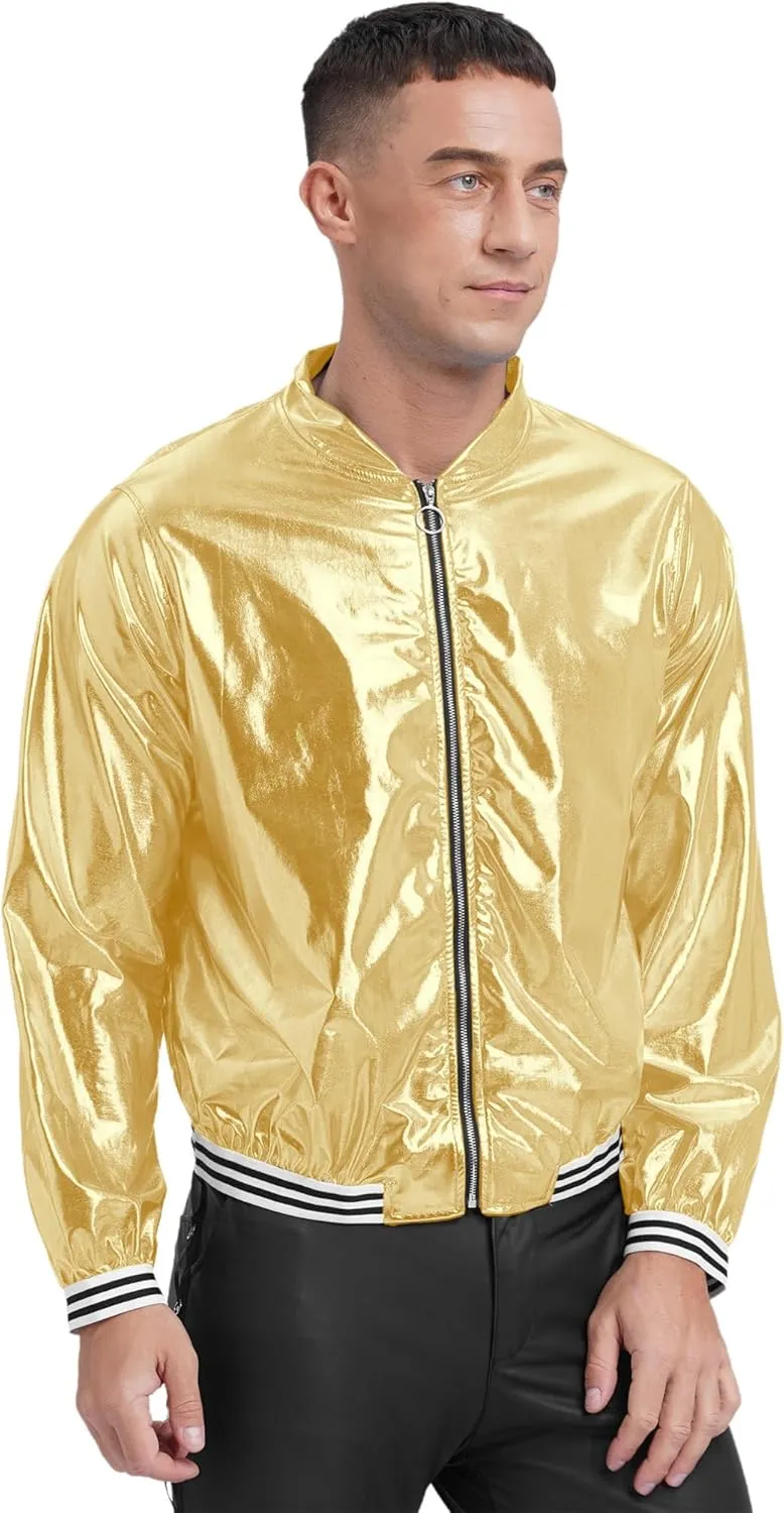 iiniim Men's Sparkly Holographic Long Sleeve Jacket Zip-up Outerwear Baseball Varsity Bomber Coat