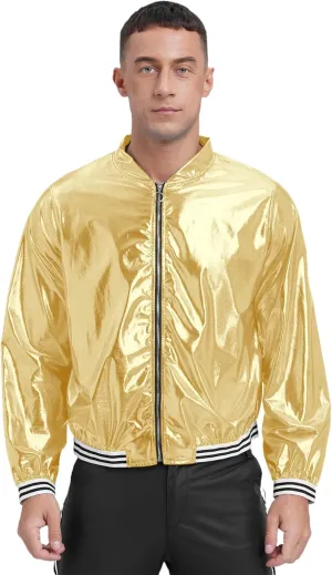 iiniim Men's Sparkly Holographic Long Sleeve Jacket Zip-up Outerwear Baseball Varsity Bomber Coat