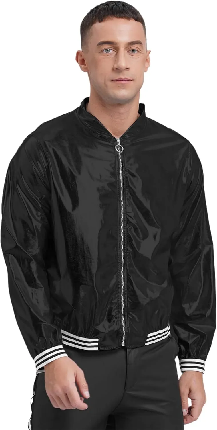 iiniim Men's Sparkly Holographic Long Sleeve Jacket Zip-up Outerwear Baseball Varsity Bomber Coat