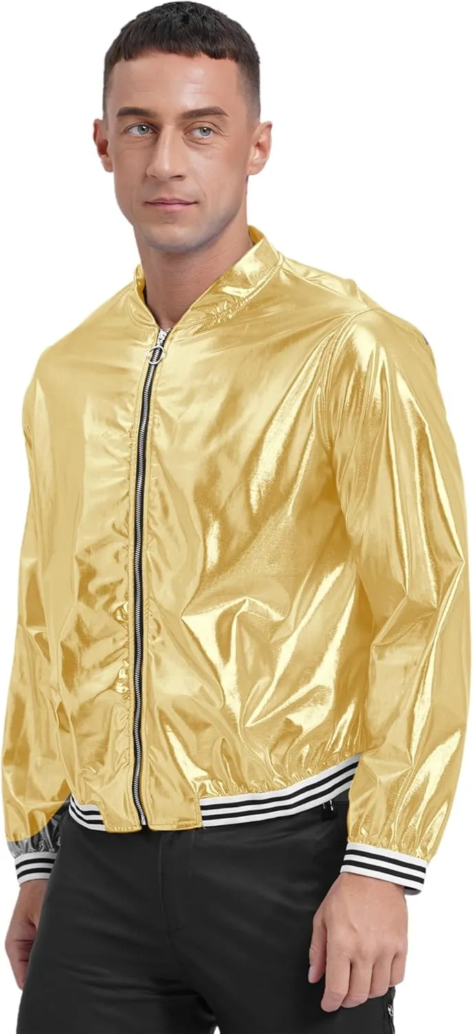 iiniim Men's Sparkly Holographic Long Sleeve Jacket Zip-up Outerwear Baseball Varsity Bomber Coat