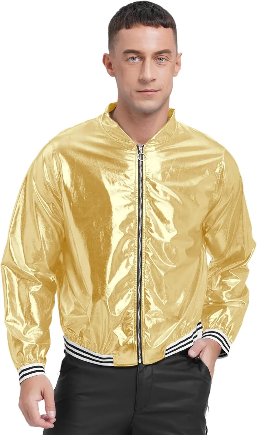iiniim Men's Sparkly Holographic Long Sleeve Jacket Zip-up Outerwear Baseball Varsity Bomber Coat