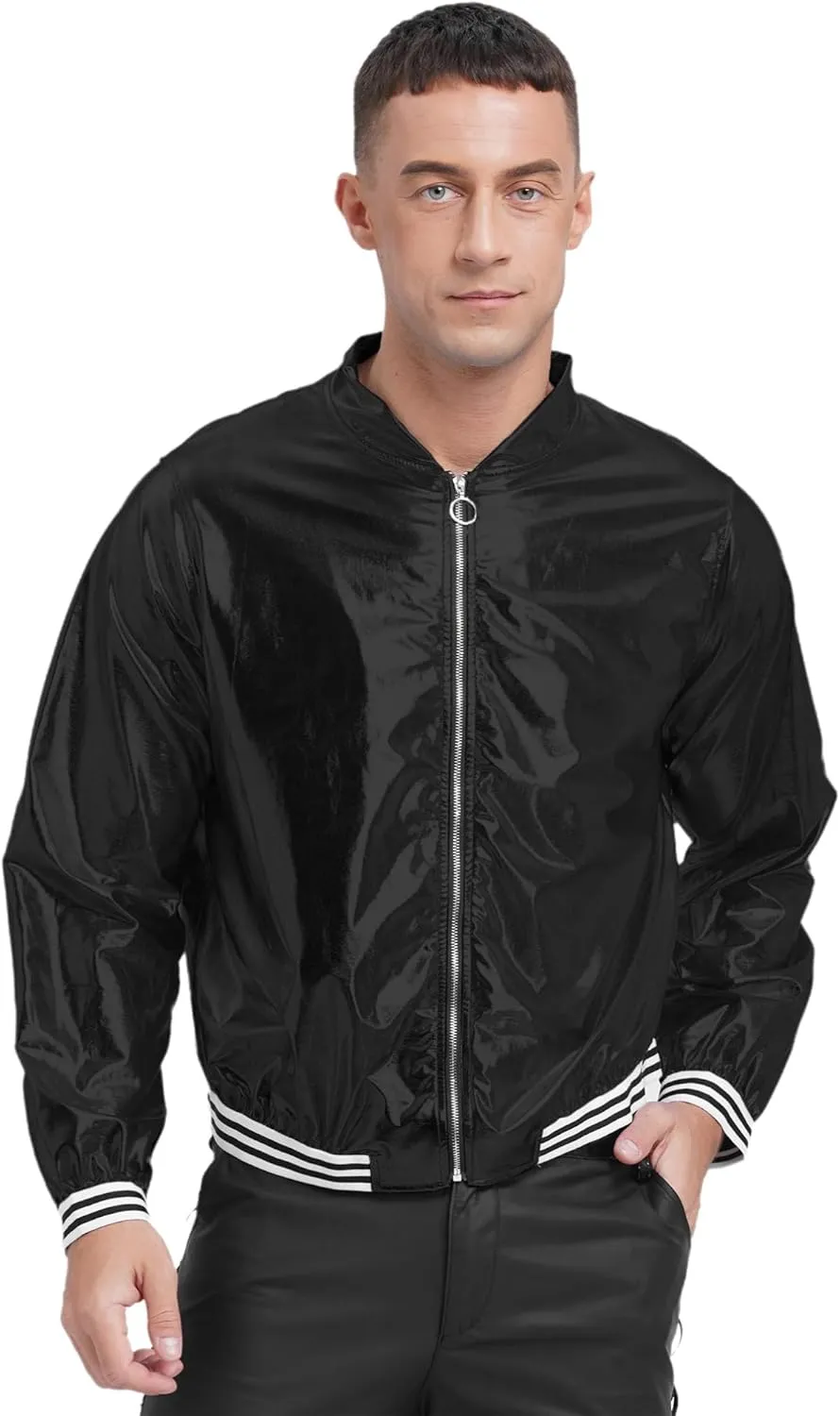 iiniim Men's Sparkly Holographic Long Sleeve Jacket Zip-up Outerwear Baseball Varsity Bomber Coat