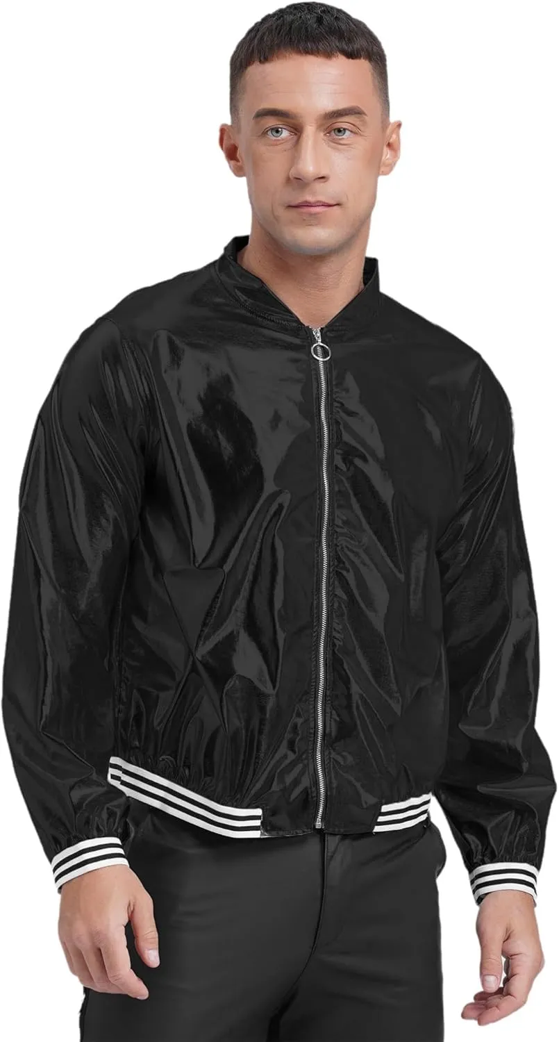 iiniim Men's Sparkly Holographic Long Sleeve Jacket Zip-up Outerwear Baseball Varsity Bomber Coat