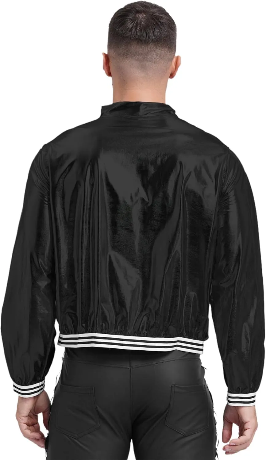 iiniim Men's Sparkly Holographic Long Sleeve Jacket Zip-up Outerwear Baseball Varsity Bomber Coat