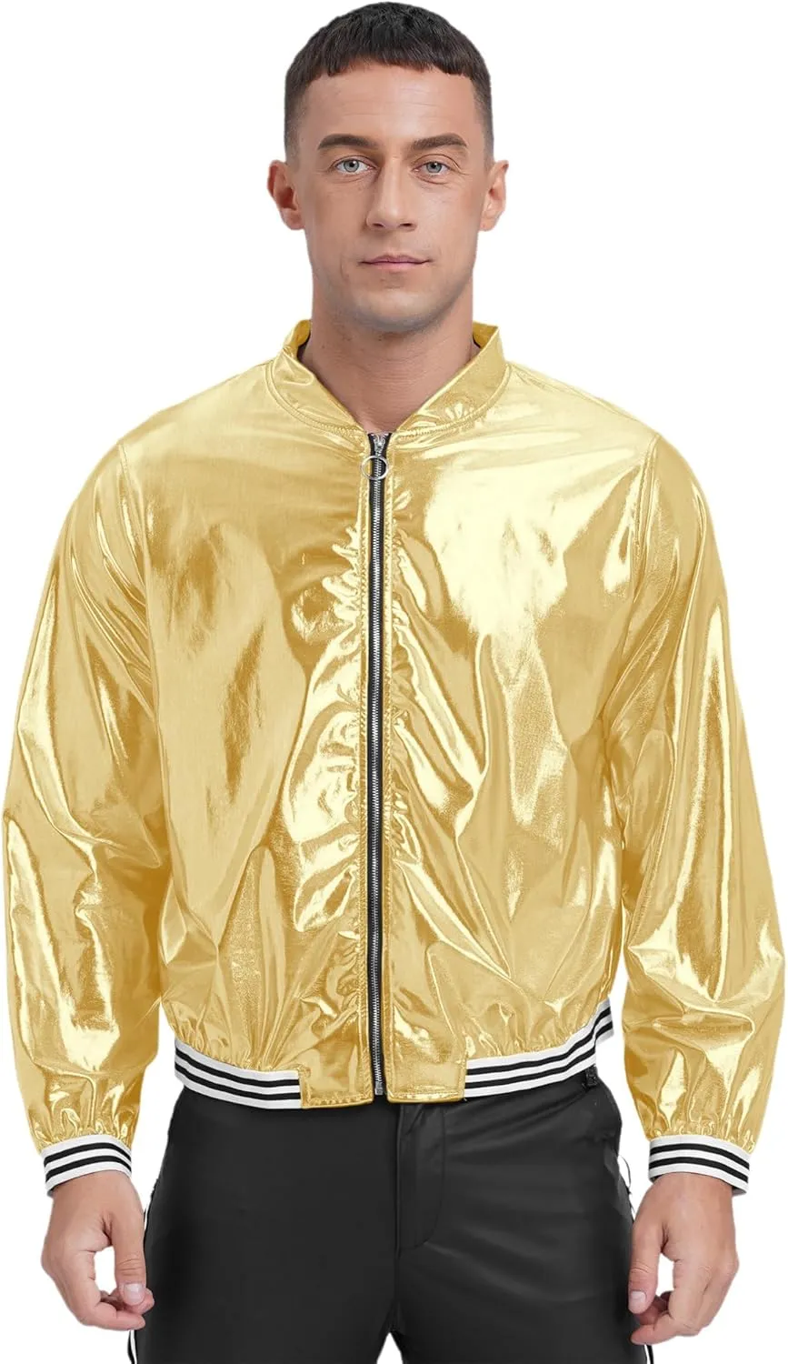 iiniim Men's Sparkly Holographic Long Sleeve Jacket Zip-up Outerwear Baseball Varsity Bomber Coat