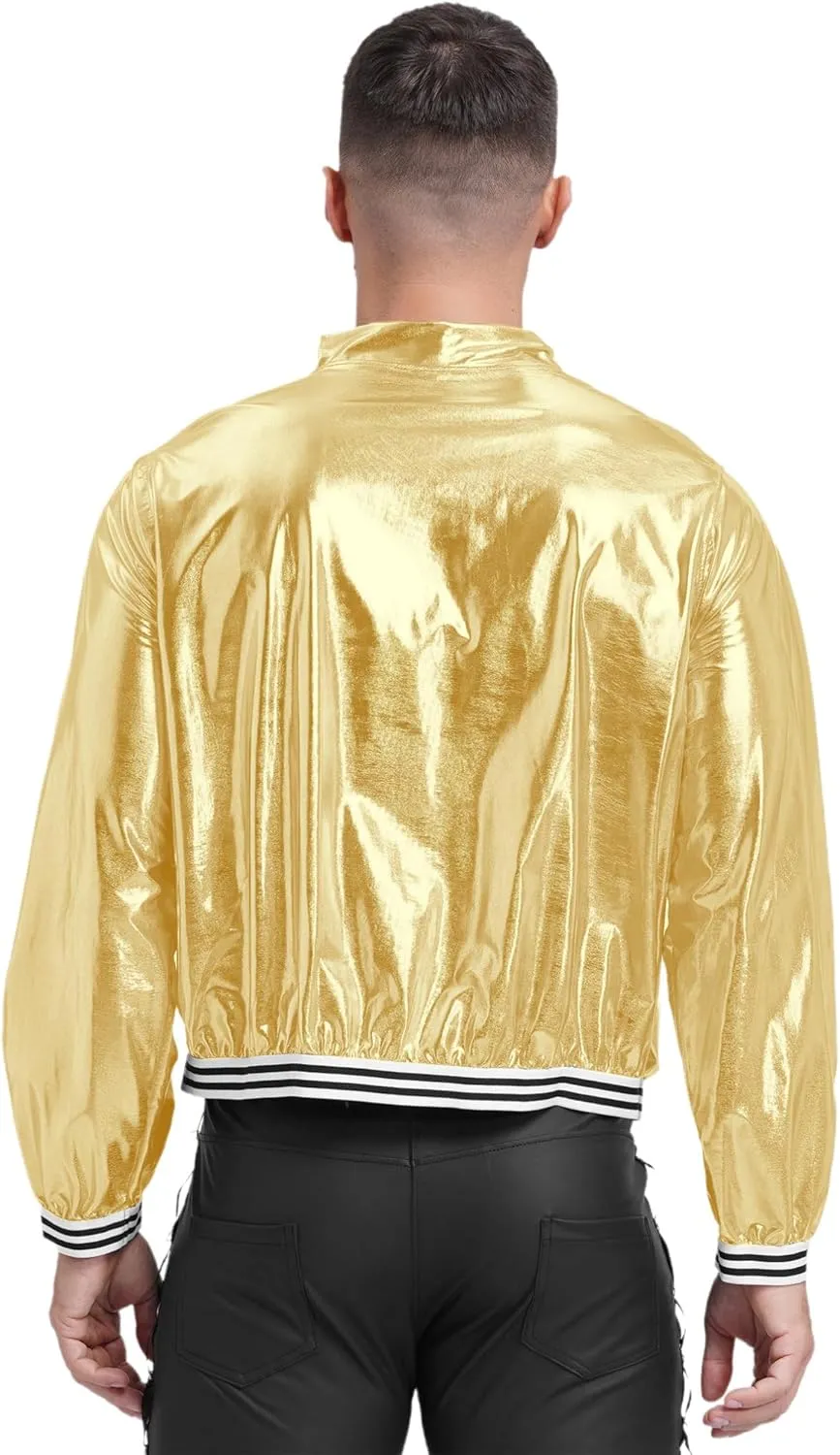 iiniim Men's Sparkly Holographic Long Sleeve Jacket Zip-up Outerwear Baseball Varsity Bomber Coat
