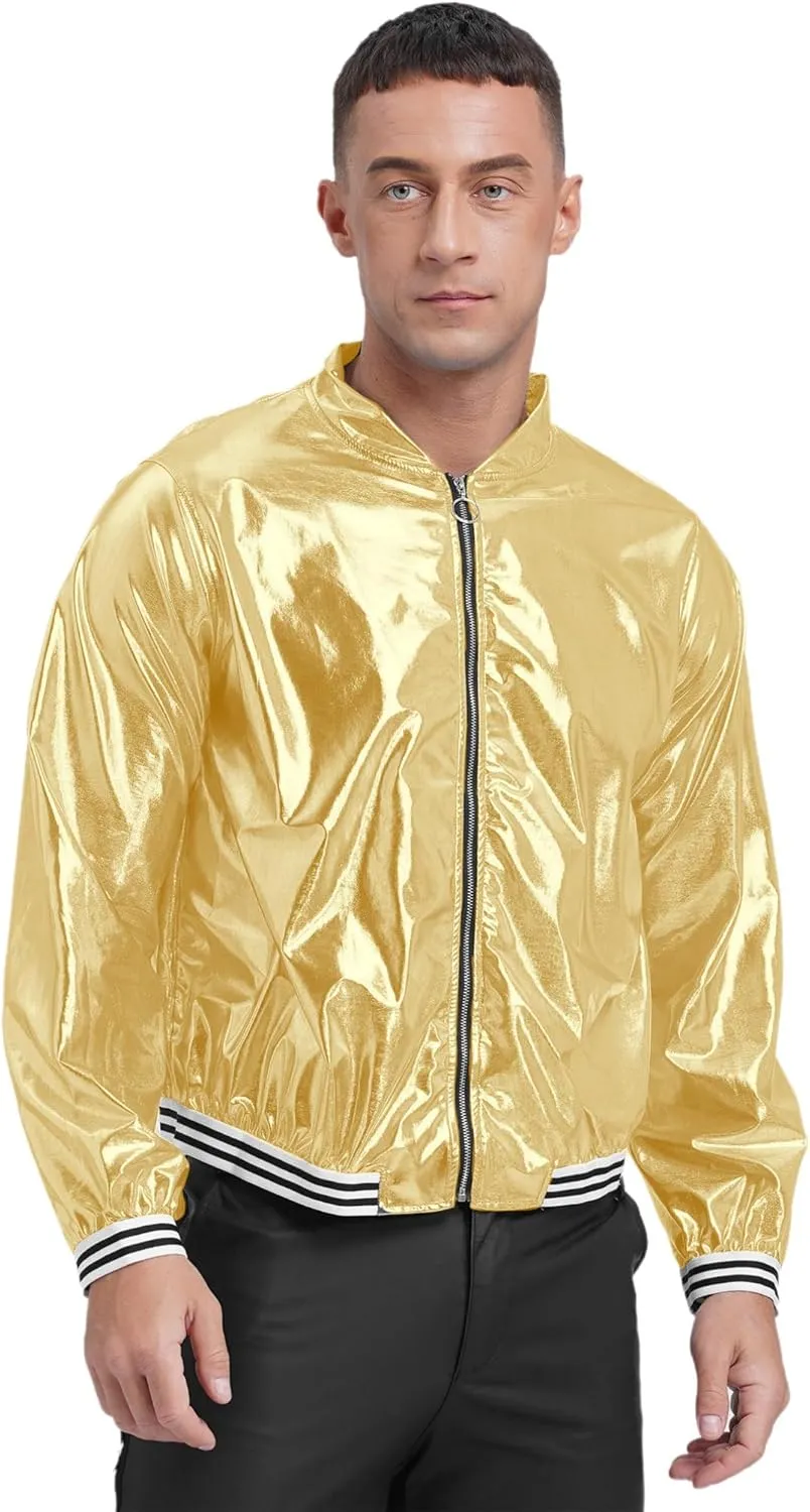 iiniim Men's Sparkly Holographic Long Sleeve Jacket Zip-up Outerwear Baseball Varsity Bomber Coat
