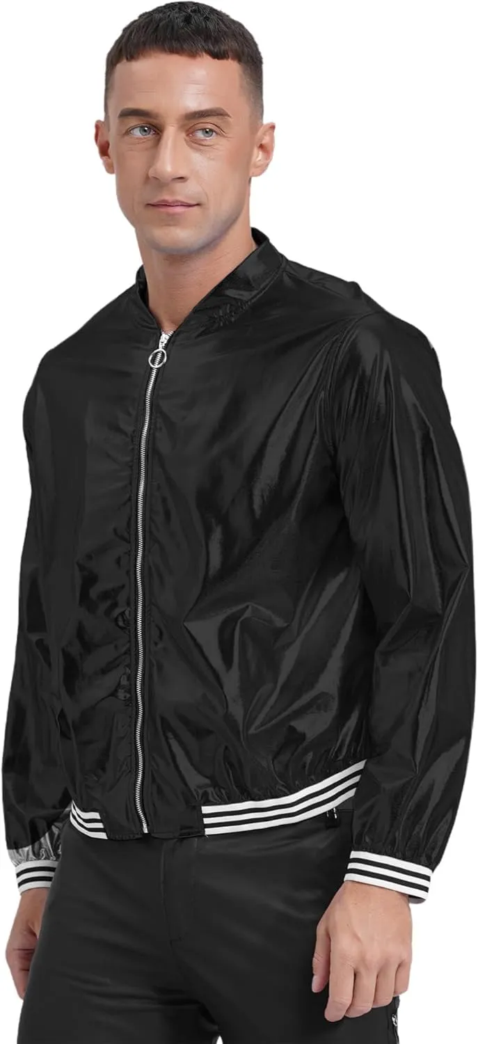 iiniim Men's Sparkly Holographic Long Sleeve Jacket Zip-up Outerwear Baseball Varsity Bomber Coat