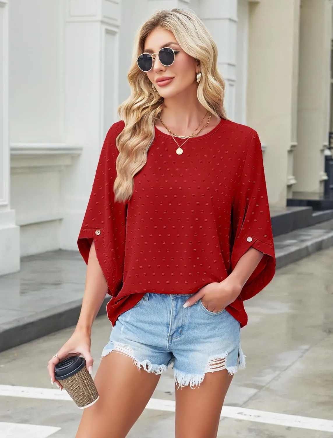 JUSTFASHIONNOW Womens Tops Dressy Casual 3/4 Sleeve Blouses Summer Tops 2025 Trendy Swiss Dots Shirts