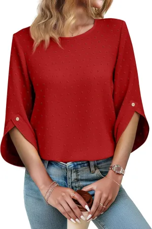 JUSTFASHIONNOW Womens Tops Dressy Casual 3/4 Sleeve Blouses Summer Tops 2025 Trendy Swiss Dots Shirts