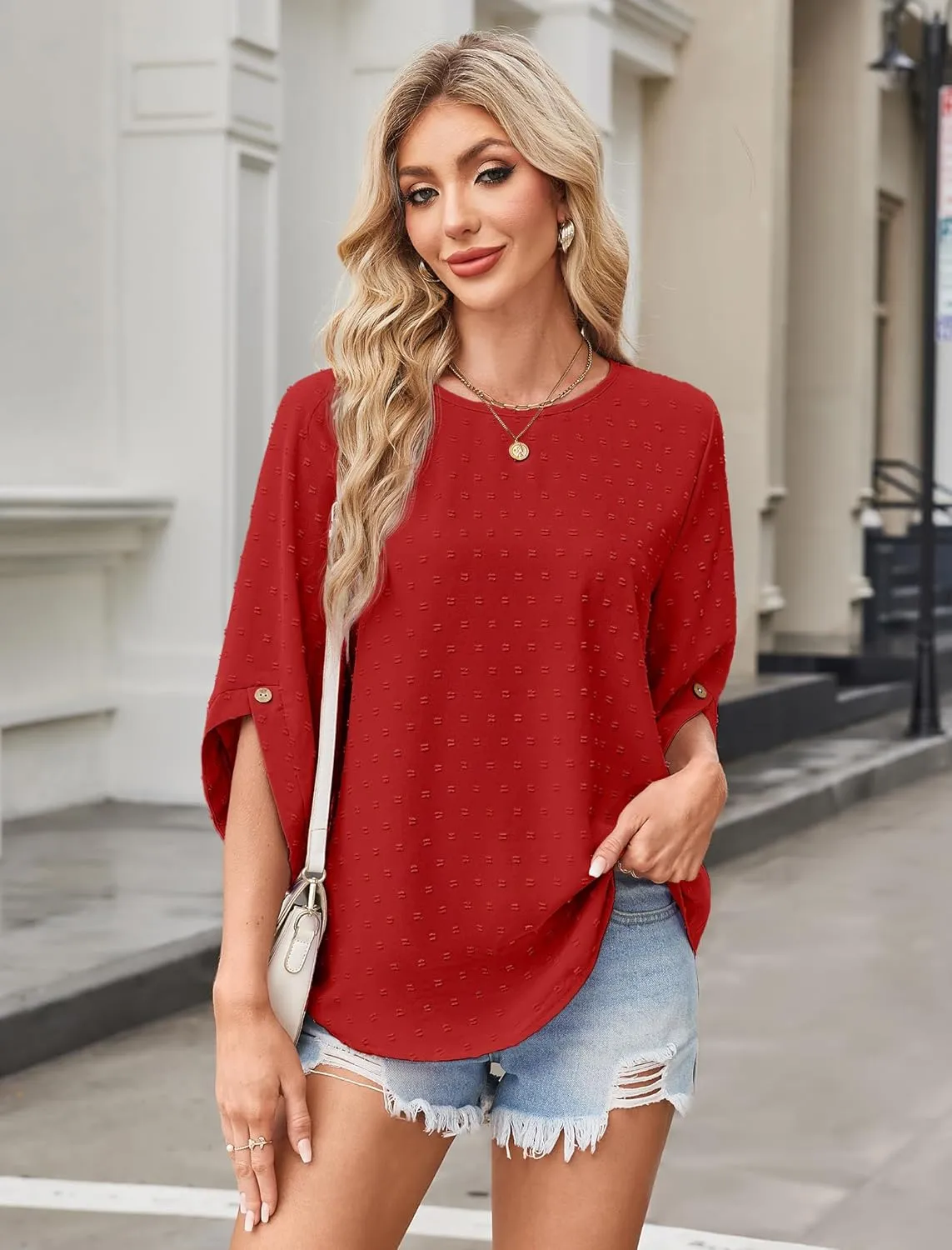 JUSTFASHIONNOW Womens Tops Dressy Casual 3/4 Sleeve Blouses Summer Tops 2025 Trendy Swiss Dots Shirts