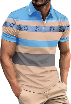 LCMTWX Mens Big and Tall Shirts Trend Lapel Striped Button Color Blocking Short Sleeved T Shirt Mens Golf Shirts Casual