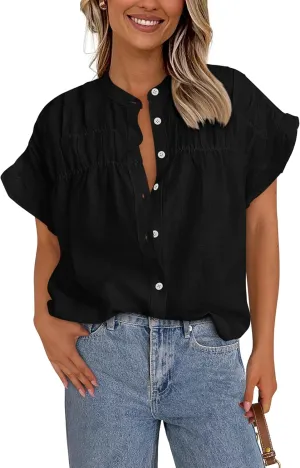 MASCOMODA Womens 2025 Button Down Shirts Ruffle Short Sleeve Loose Summer Tops Dressy Casual V Neck Business Work Blouses