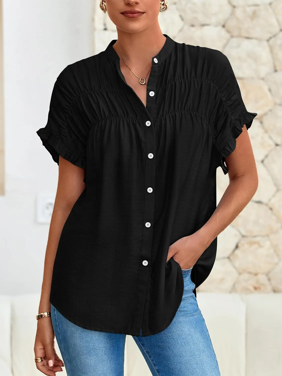 MASCOMODA Womens 2025 Button Down Shirts Ruffle Short Sleeve Loose Summer Tops Dressy Casual V Neck Business Work Blouses
